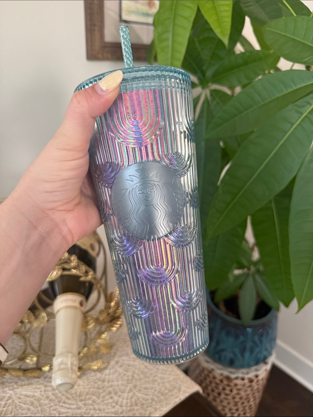 Starbucks Iridescent Holographic Tumbler with Teal Lid - 2022 - Swirls - NWT